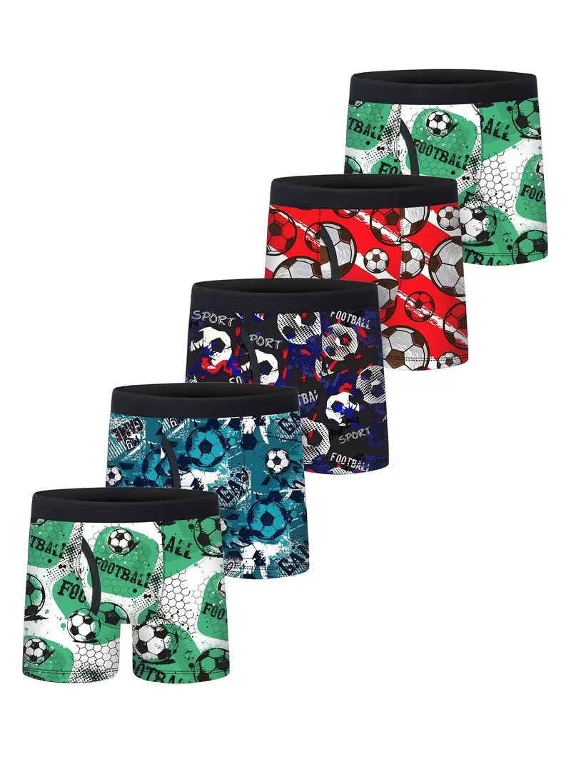 5pcs Boys Printed Boxer Briefs,  Cool Graffiti Soccer Print