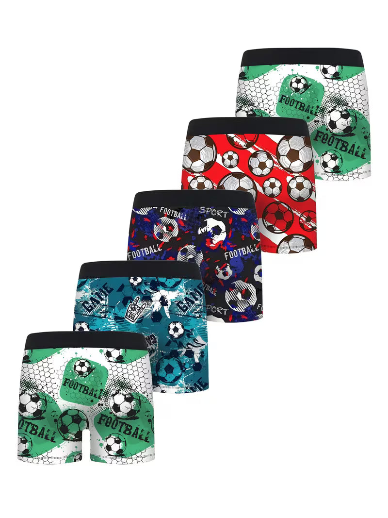 5pcs Boys Printed Boxer Briefs,  Cool Graffiti Soccer Print