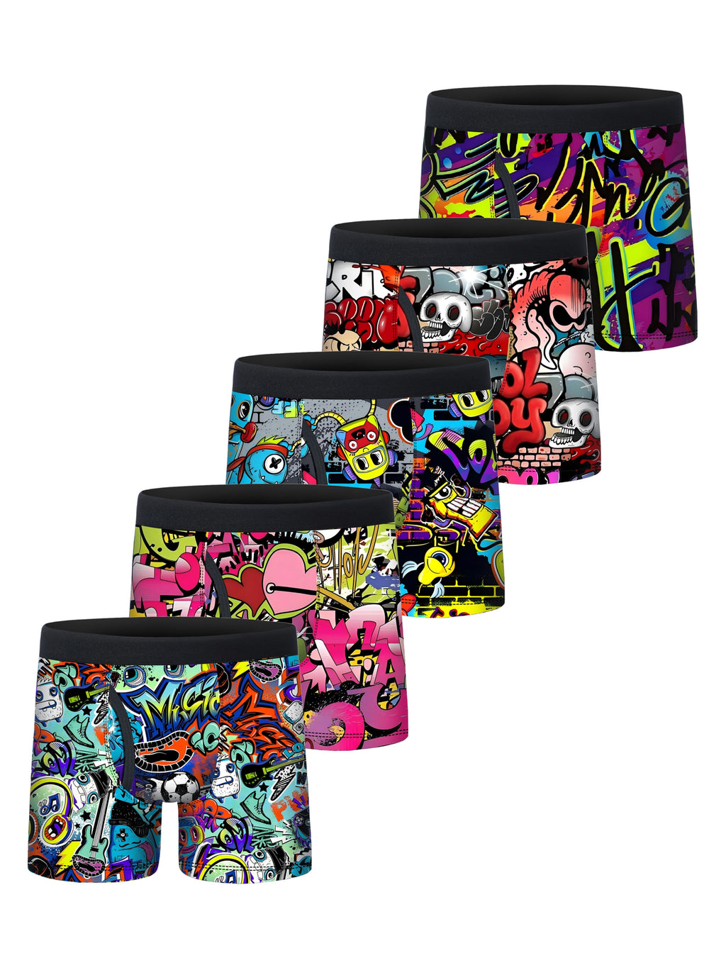 5pcs Street Graffiti Print Half Fly Front Boys Boxer Briefs