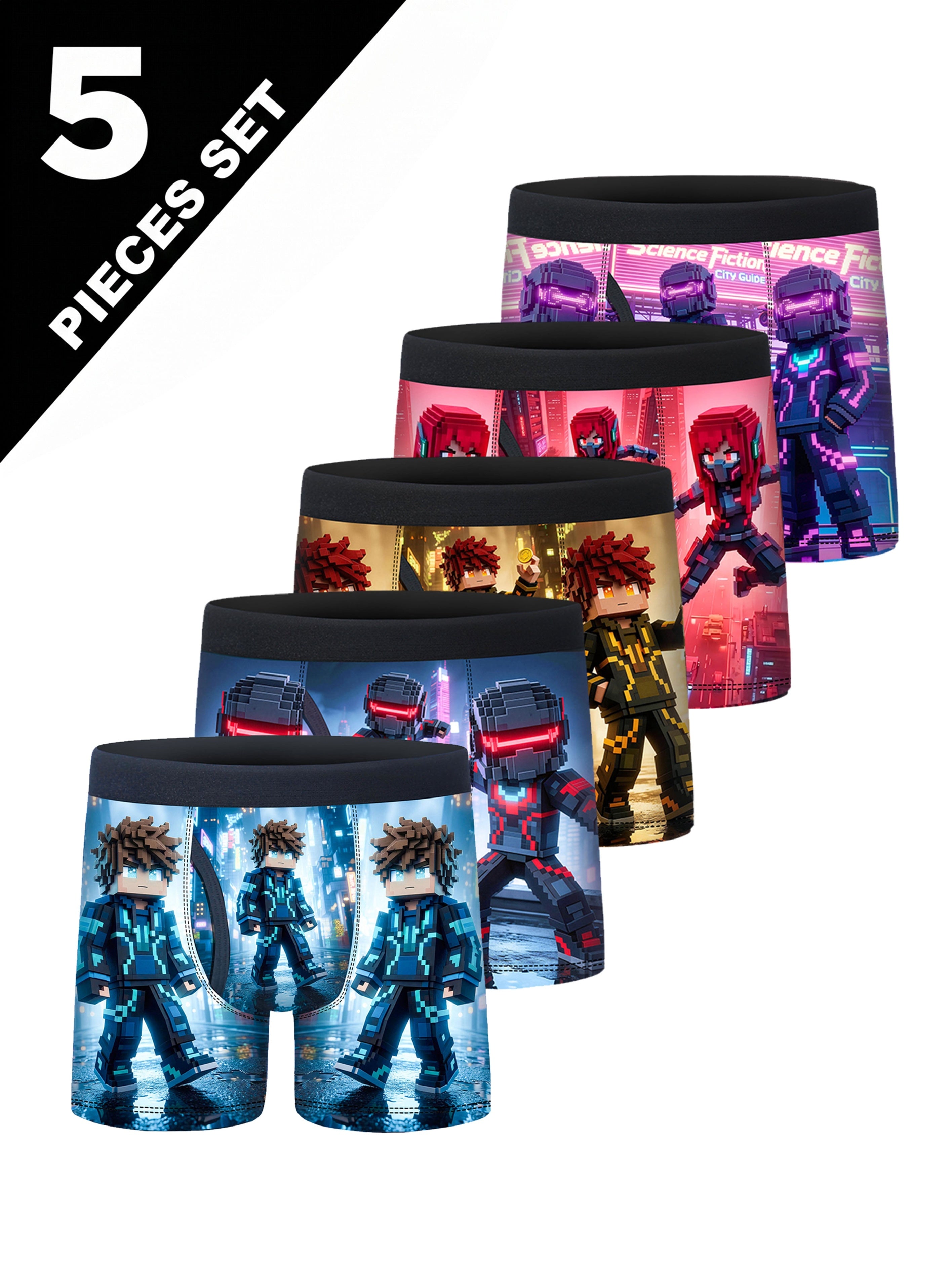 5pcs Pixel Block Sci-Fi Mech Character Boys Boxer Briefs
