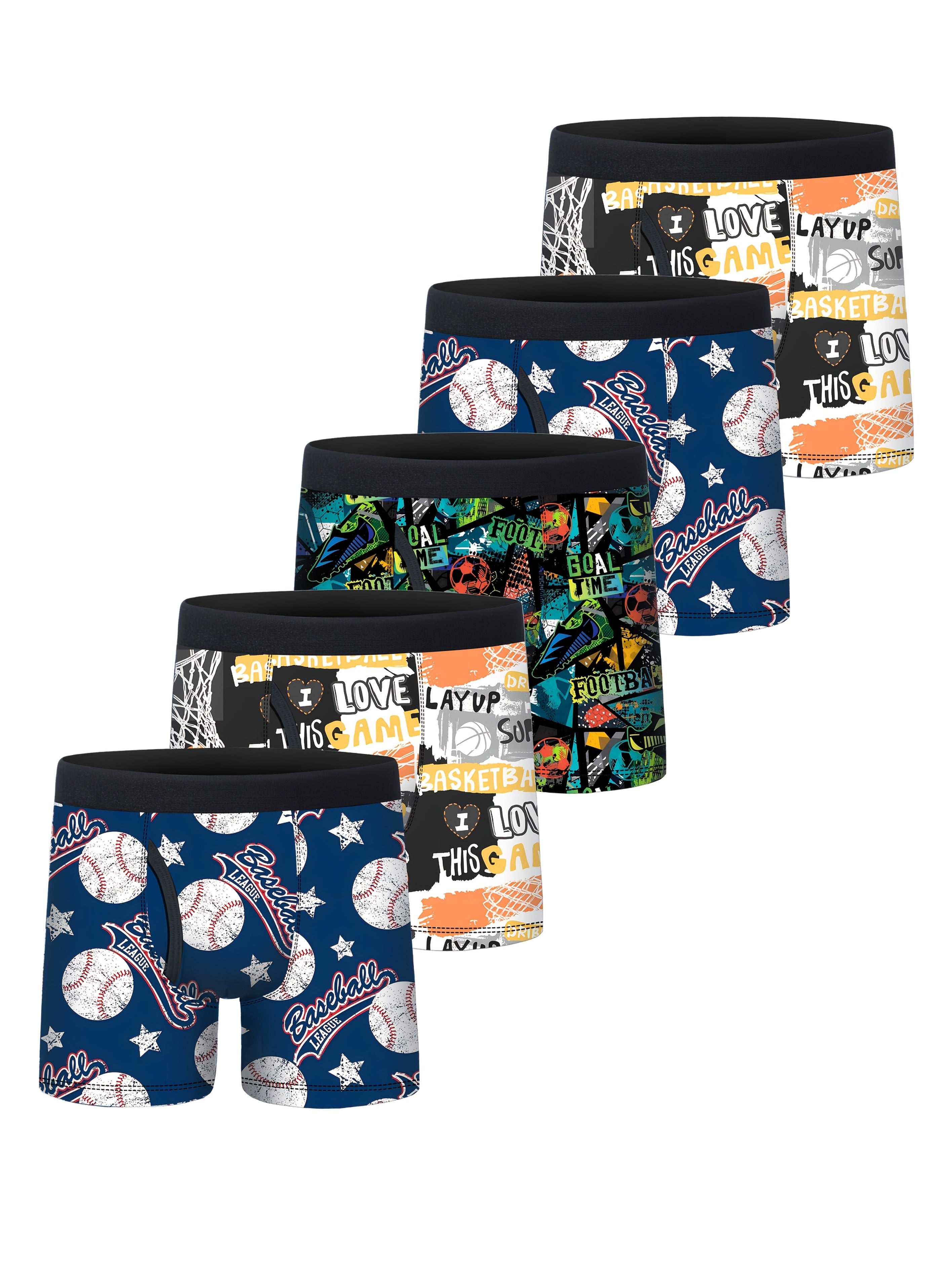5pcs Boys Sports Ball Half-Open Front Flat Briefs
