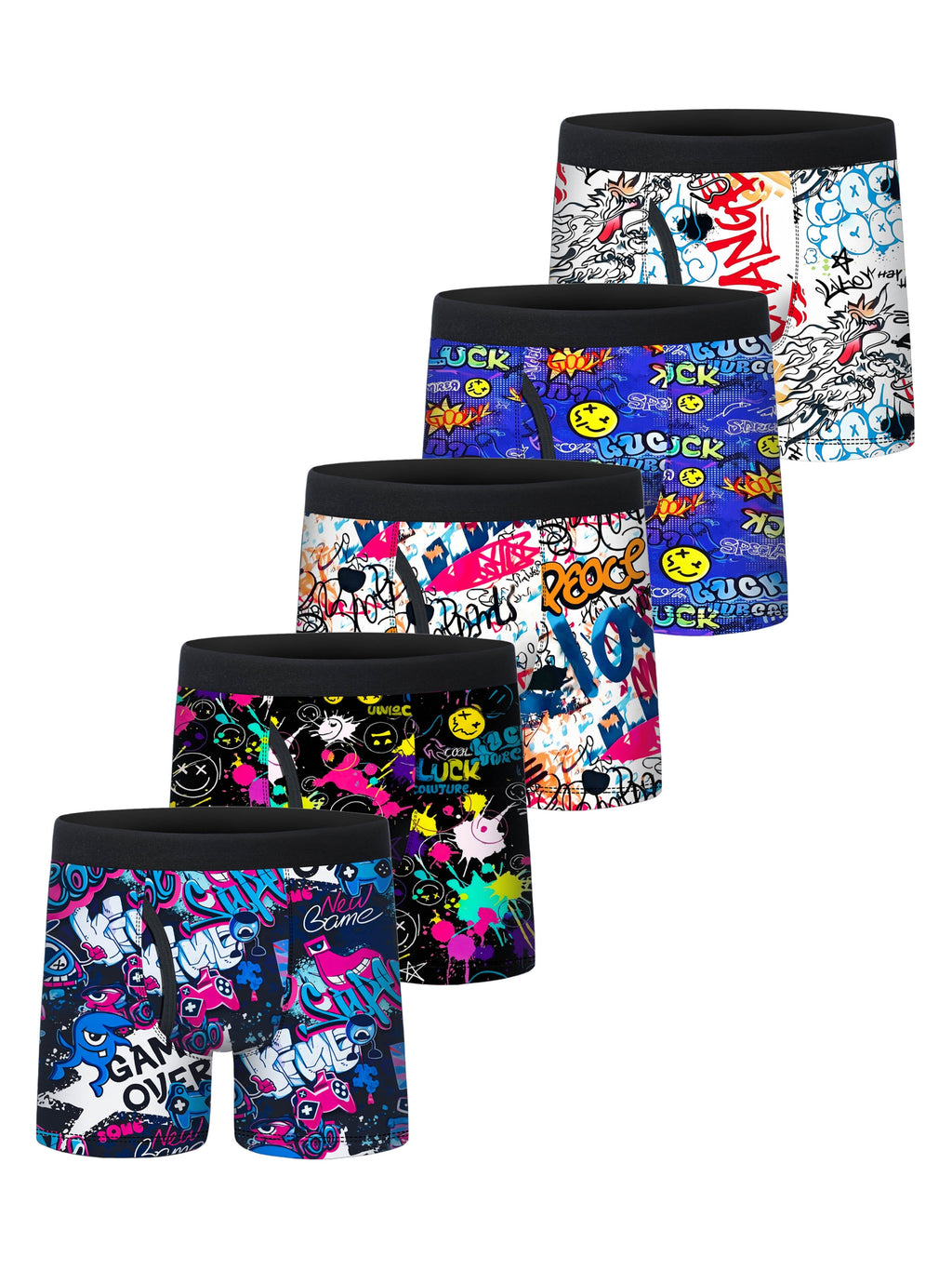 5pcs Street Trendy English Graffiti Print Half Fly Front Boys Boxer Briefs