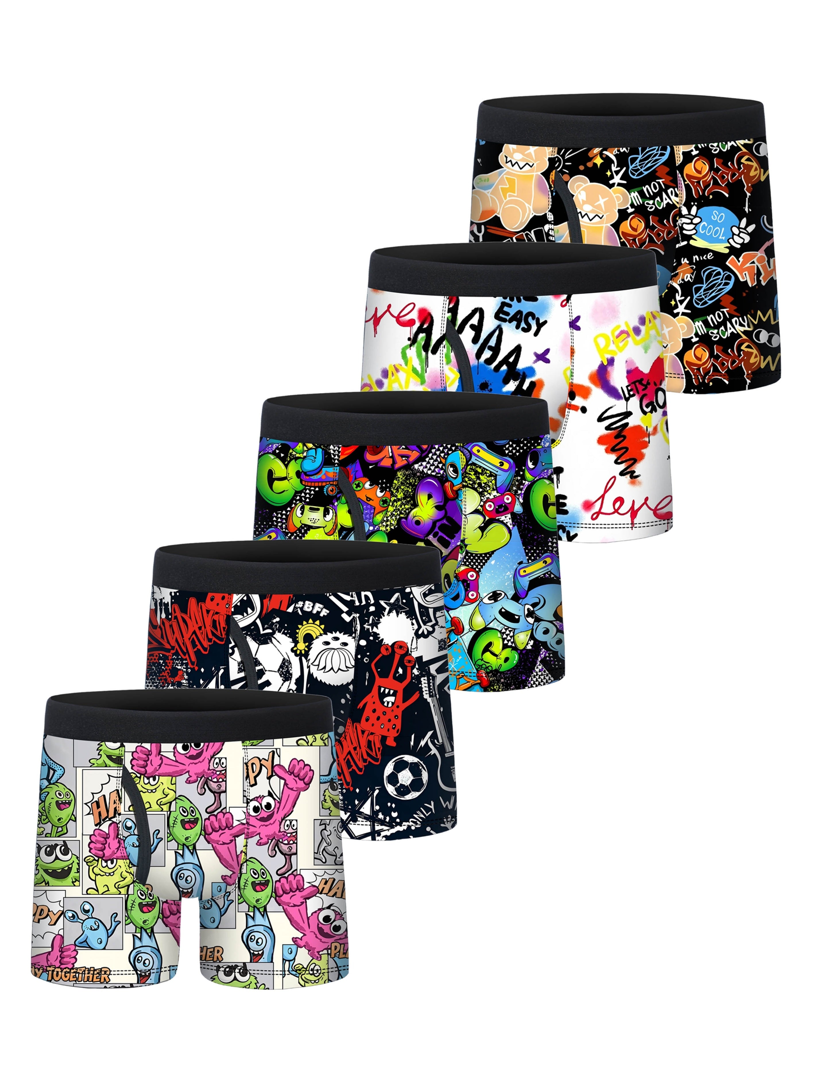 5pcs Cartoon Monster Funny Graffiti Print Boxer Briefs