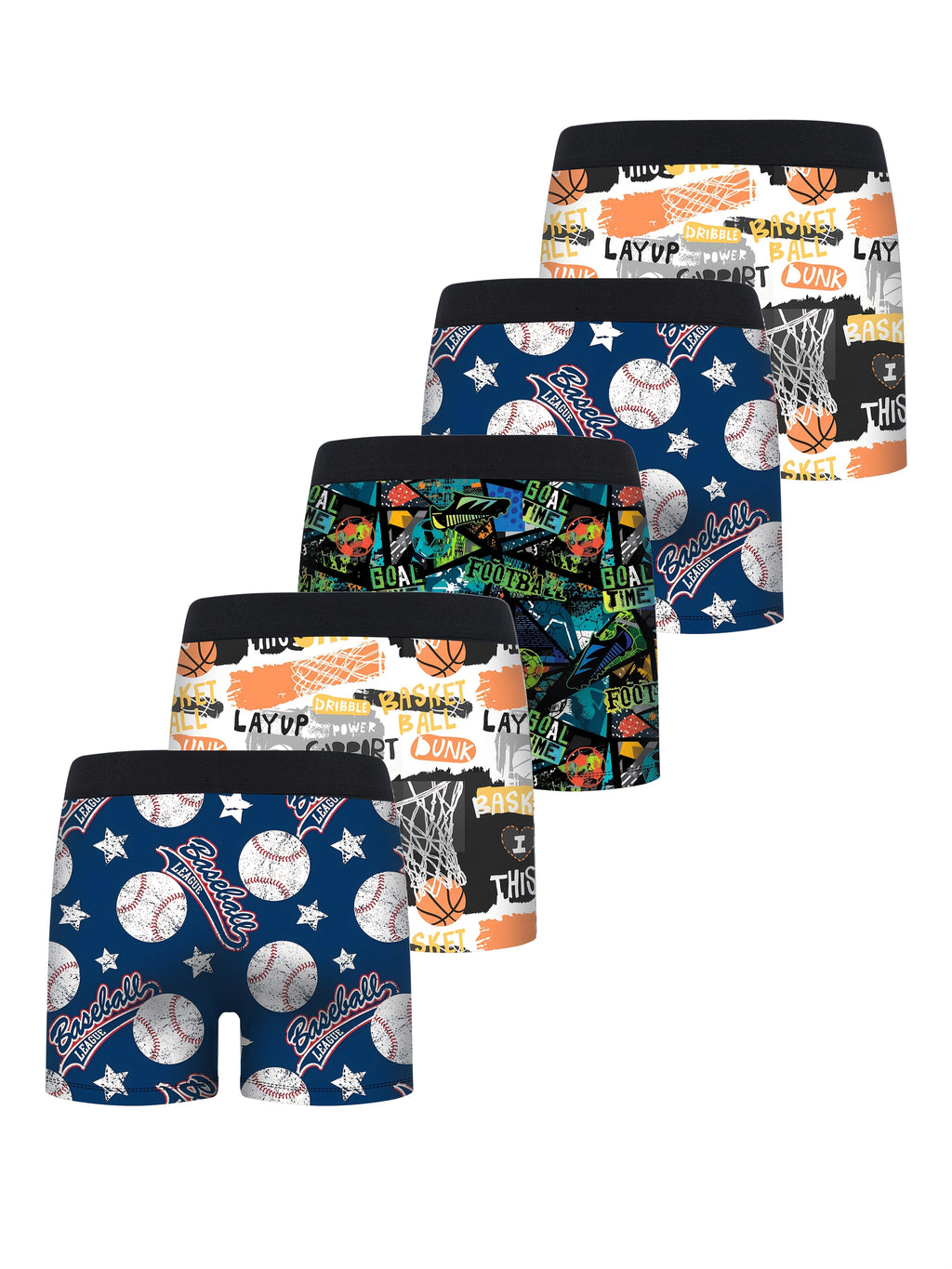 5pcs Boys Sports Ball Half-Open Front Flat Briefs