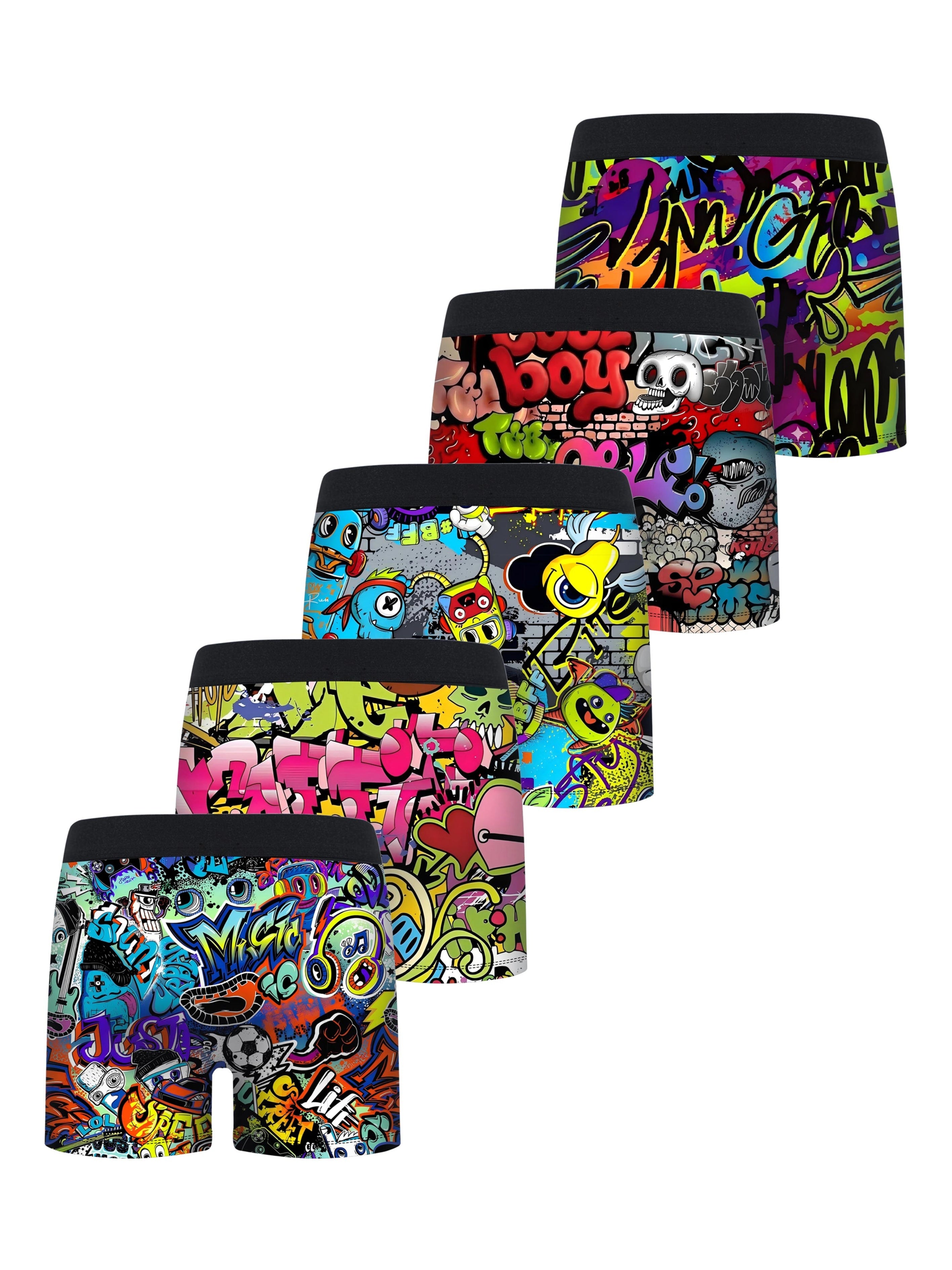 5pcs Street Graffiti Print Half Fly Front Boys Boxer Briefs