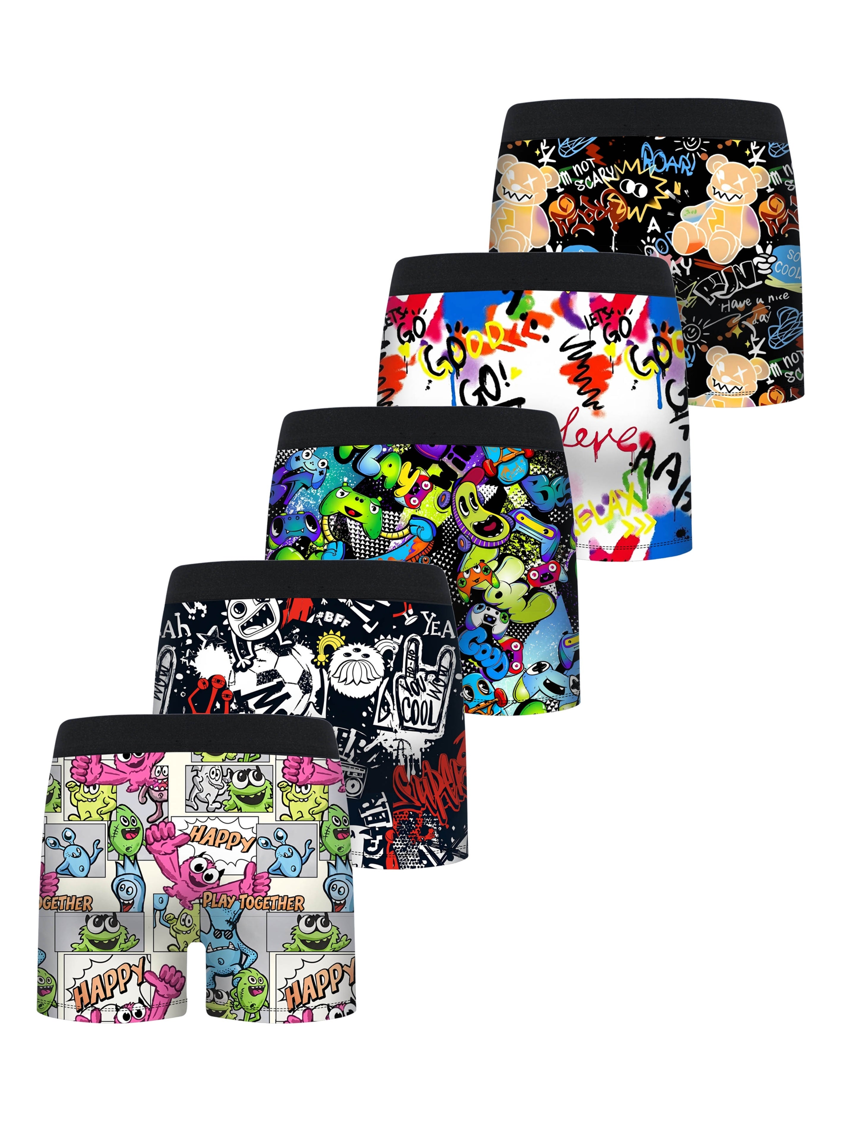 5pcs Cartoon Monster Funny Graffiti Print Boxer Briefs