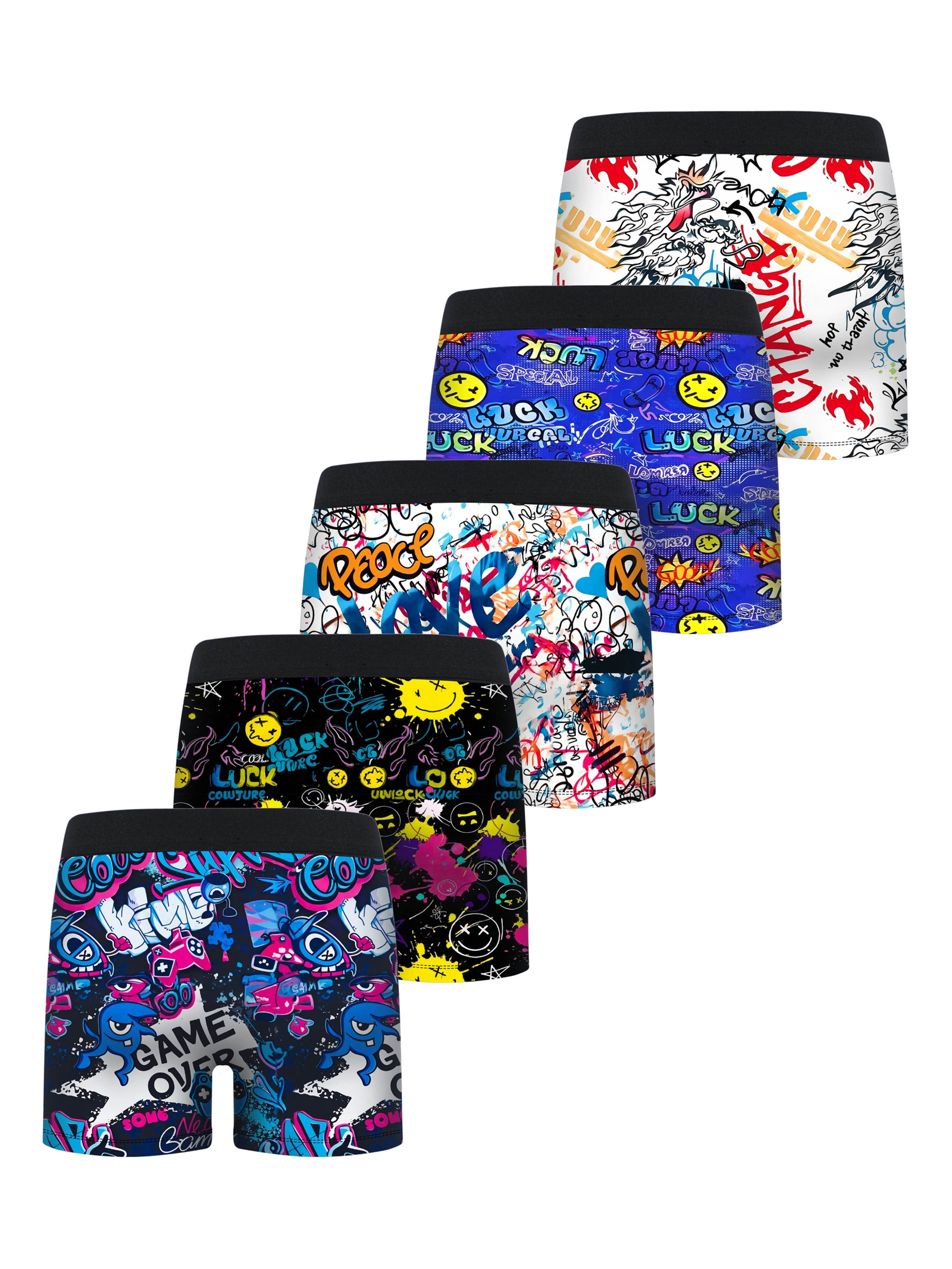 5pcs Street Trendy English Graffiti Print Half Fly Front Boys Boxer Briefs