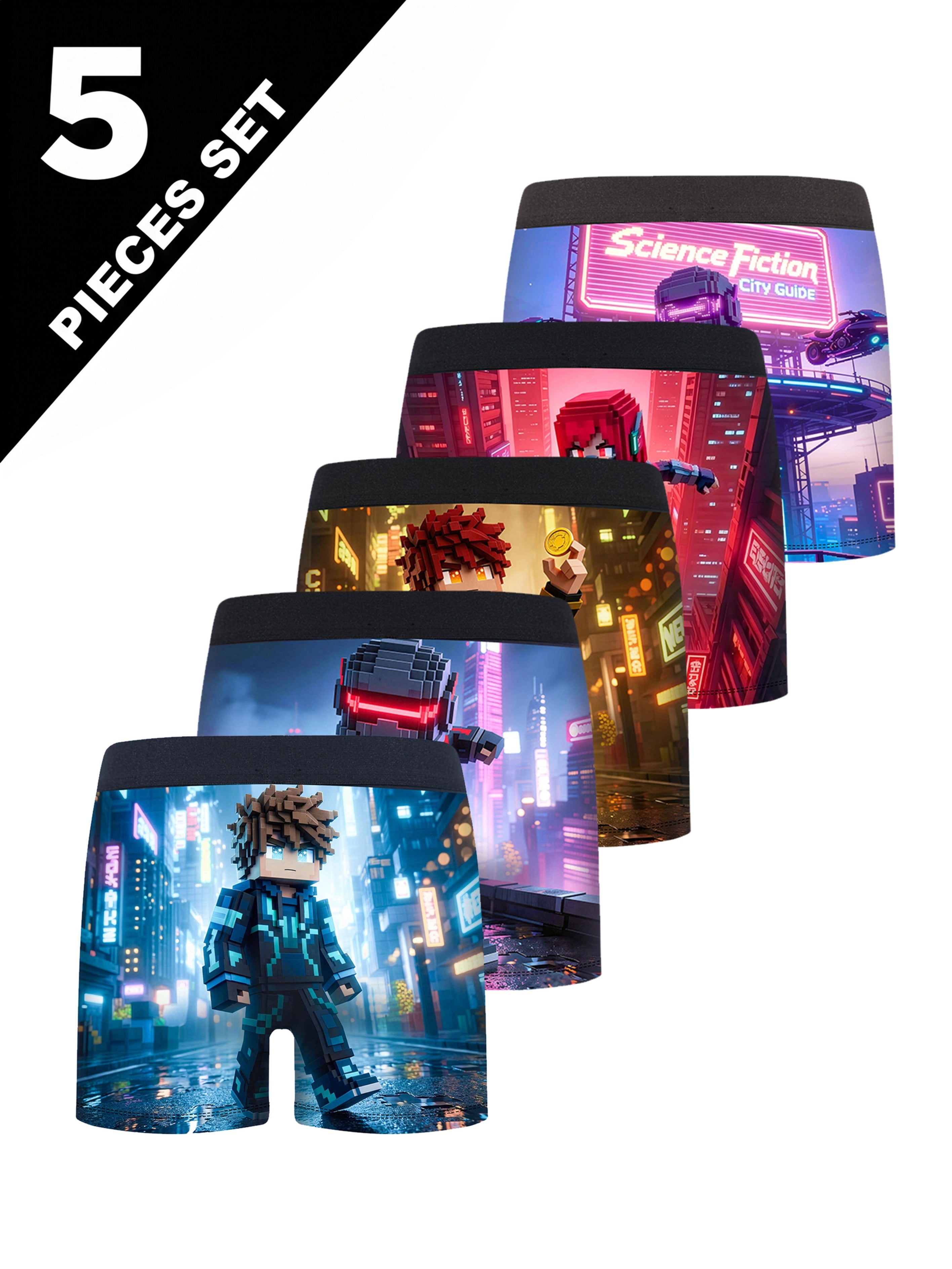 5pcs Pixel Block Sci-Fi Mech Character Boys Boxer Briefs